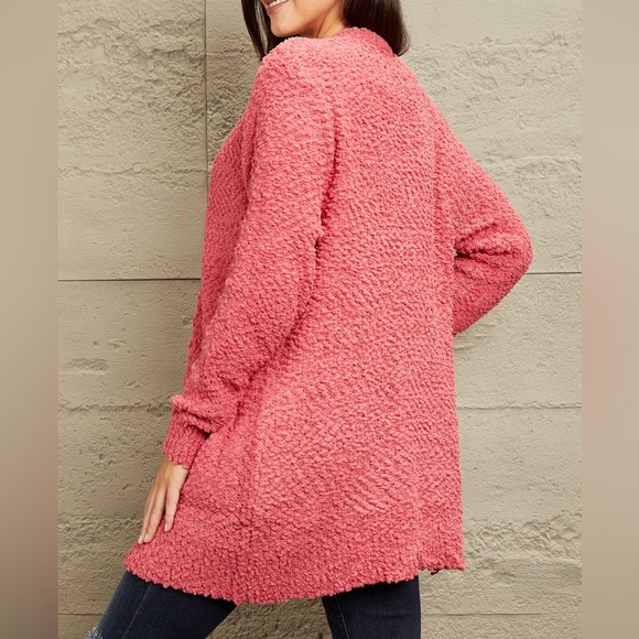 SALE! Zenana Falling For You Full Size Open Front Popcorn Cardigan in Coral Pink - Picture 6 of 6
